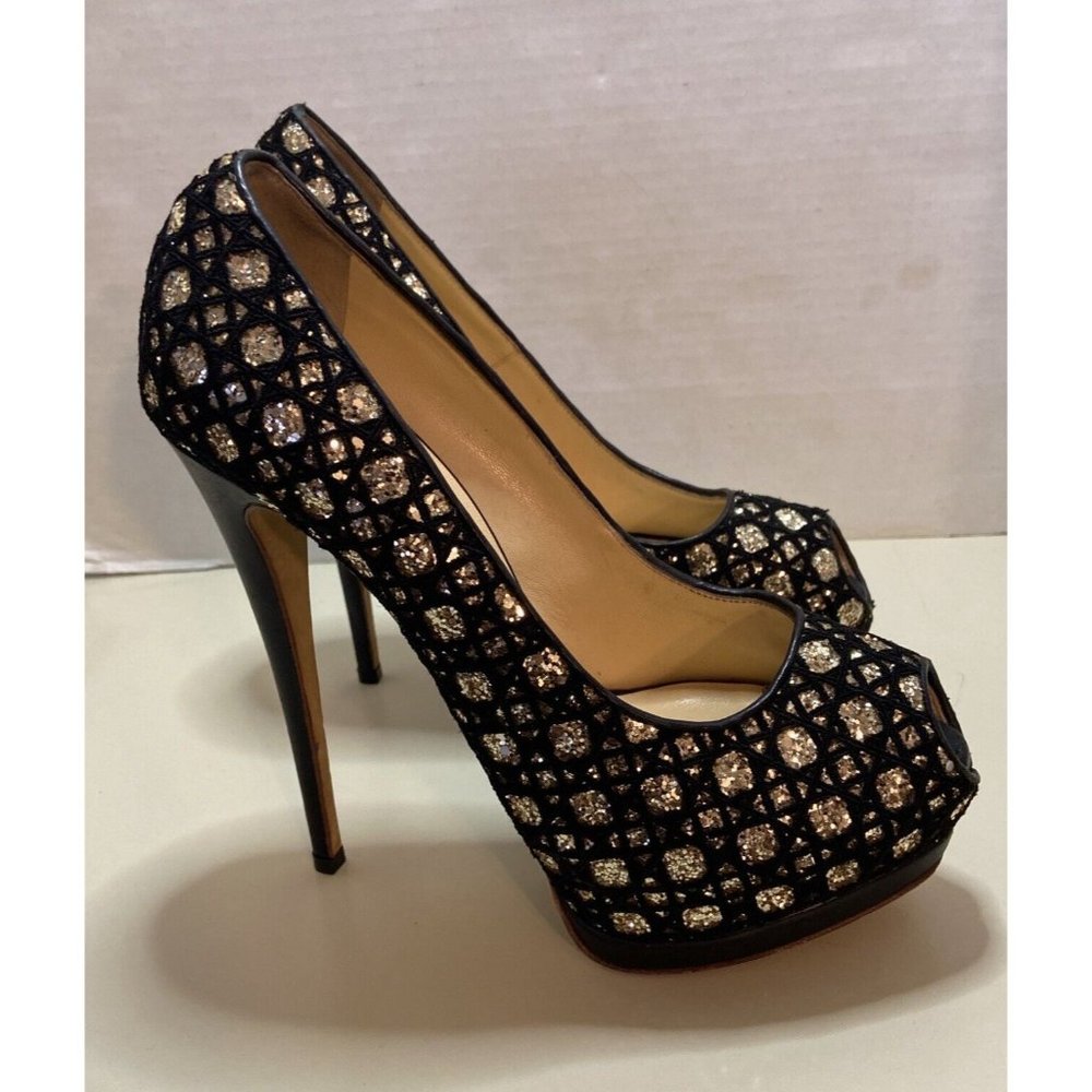 Giuseppe Zanotti Black and Gold Leather Peep Toe Platform Pumps Size 40.5 - Picture 4 of 9